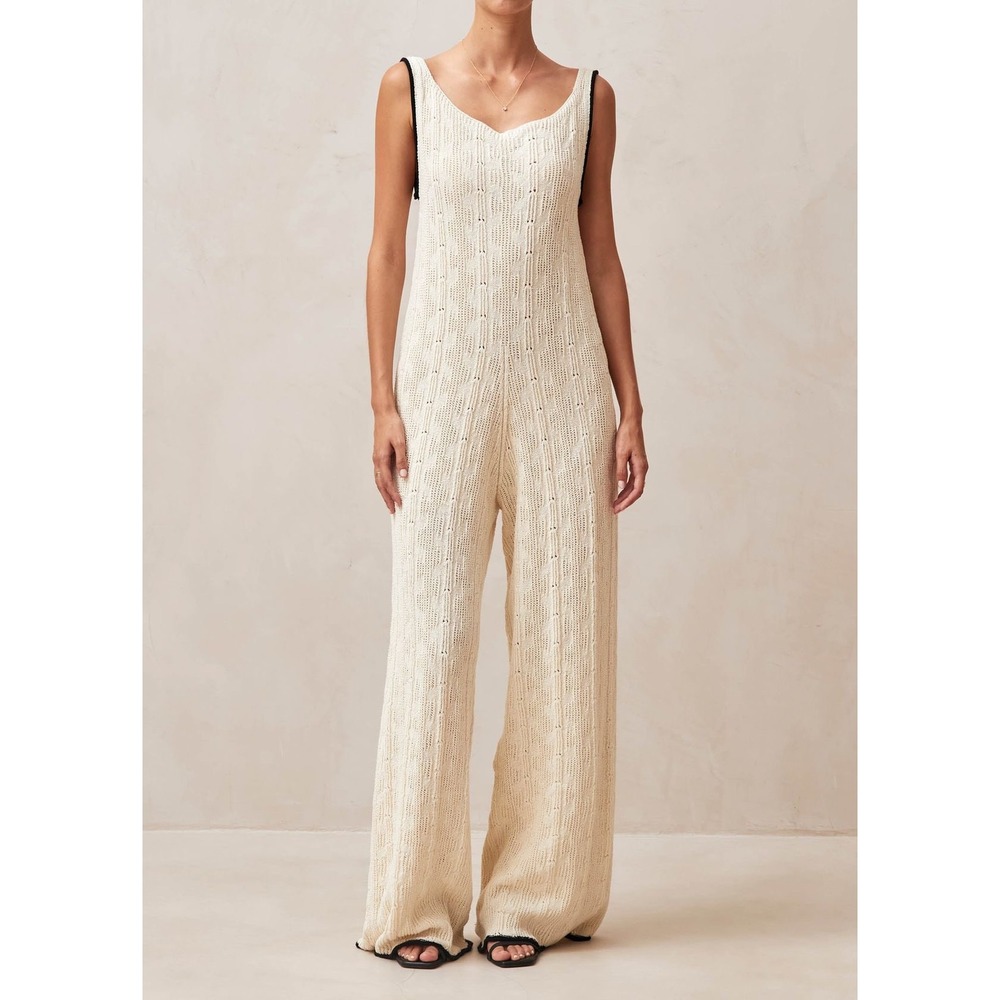 ALOHAS Namo Knit Jumpsuit Size XS Cream Black Wide Leg Pointelle Sleeveless Boho